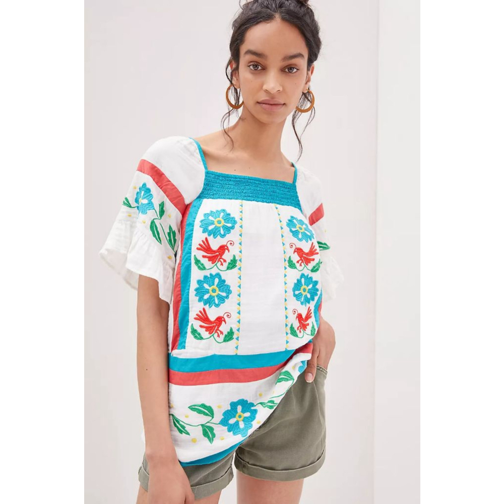Seen Worn Kept Anthropologie Tropical Embroidered Tunic Blouse US 2